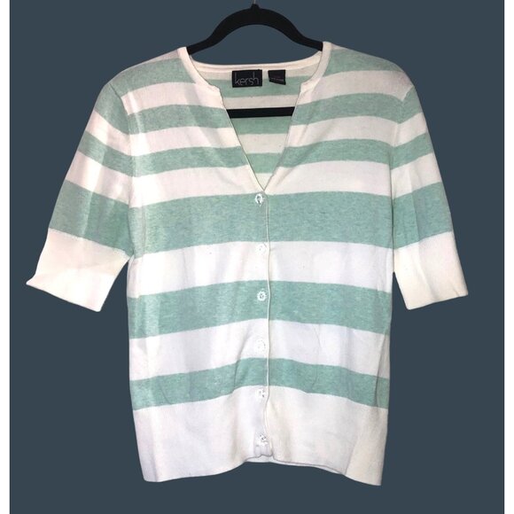 Kershaw stripe pattern green/white front button closure sweater size medium - Picture 1 of 6